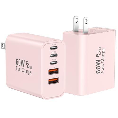 Image of USB C Fast Wall Charger Block, 2Pack 60W USBC Charging Cubes, 5-Port PD+QC Power Adapter Multiport Brick Type C Box Plug for Phone 17 /16 /15 /14 /13 /12 /11 /Pro Max /Plus, Pad Mini /Pro /S25 /S24-Pink