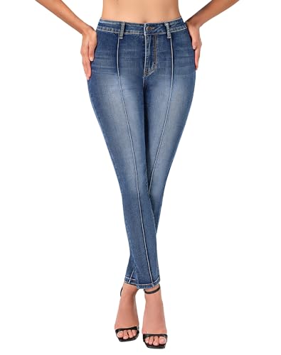 roswear Skinny Jeans for Women High Waisted Stretchy Front Seam Vintage Denim Pants Washed Blue Small
