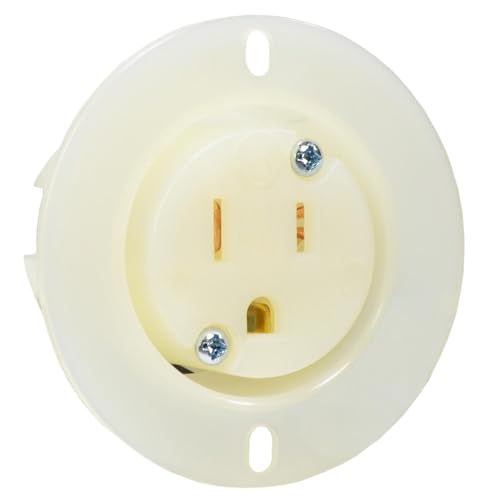NEMA 5-15 Flanged Outlet. 15 Amp 125 Volt, Panel Mount, Impact Resistant Body, c(UL) us Approved. UL File #E474924. White. (Single Count)