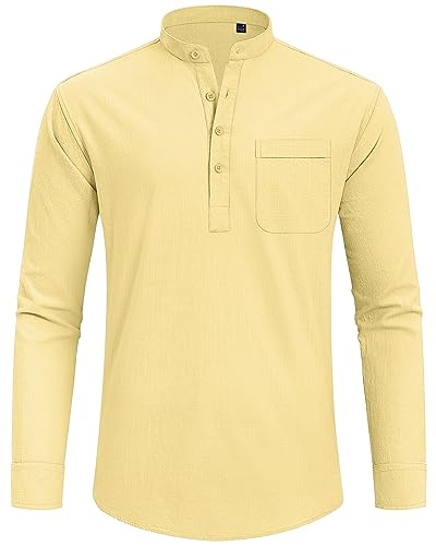 J.VER Men's Linen Roll Up Long Sleeve Shirt Cotton Casual Beach Shirts Henley T-Shirt Band Collar Vacation Tops with Pocket