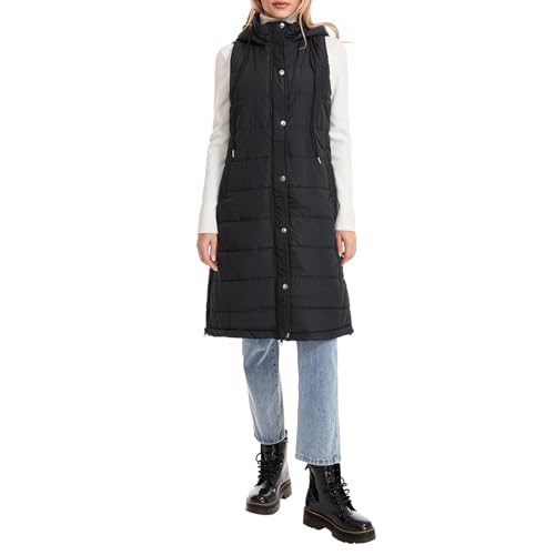 Awoscut Women's Long Sleeveless Waistcoat Hooded Neck Zipper Puffer Vest Tops Casual Spring Fall Winter Coat Outerwear2