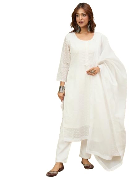 Image of Varanga Women -Thread & Sequin Embroidered Yoke Kurta With Trouser & Scallop Dupatta