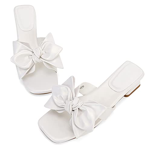 Fashare Womens Bow Dressy Low Heel Sandals Slides Summer Chunky Block Heeled Open Toe Mules Slip On Slippers Shoes cover