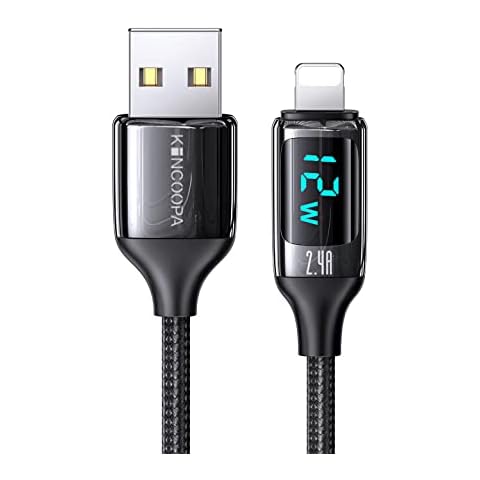 USB A To Lightning Charging Data Cable with Digital Watts Display, 4ft/1.2m, 12W 2.4A, Zinc Alloy Port with Braided Cable Cover