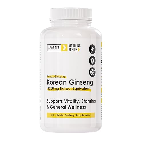 Sporter Korean Ginseng Extract Tablets 1200mg Energy Boost & Immunity Support 60 Tablets Vegan-Friendly with Ginsenosides 24mg