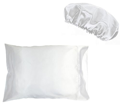LJL Design 1pc Queen/Standard Silk~y Satin Pillow Case with 2pc Matching Bonnet Set (White)