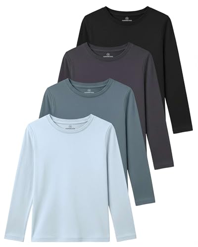 Image of Real Essentials 4 Pack: Girls' Cotton Long Sleeve Crew Neck T-Shirt - Athletic Tee Shirt for Teens Kids Youth (Ages 4-16)