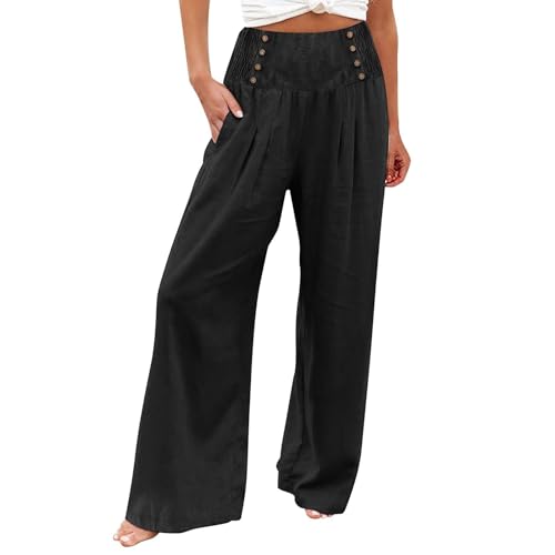 Wide Leg Linen Pants for Women Elastic Smocked Waist Palazzo Pants Lightweight Summer Boho Beach Pants with Pockets