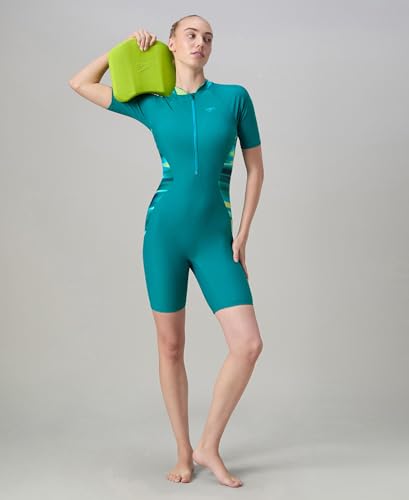 Image of Speedo Women's Endurance10 Essential Splice Print Closedback Kneesuit Swimming Costume Swimwear | Chlorine Resistant | Shape Retention Fabric | UPF 40+ Sun Protection | Removable Bra Pads