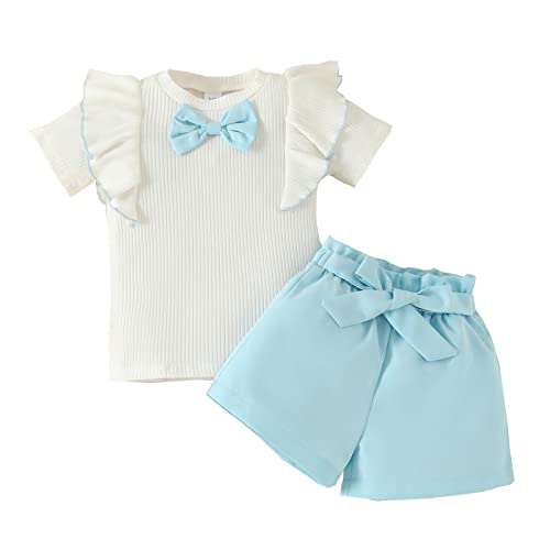 Lykmera Camiseta para meninas de manga curta com babados e nervuras, shorts, roupas para meninas (az