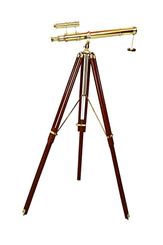 Royal Vinatge Nautical Floor Standing Brass Telescope Double Barrel W/Brown Wooden Tripod Stand Home Decor Griffith Scope Maritime 60
