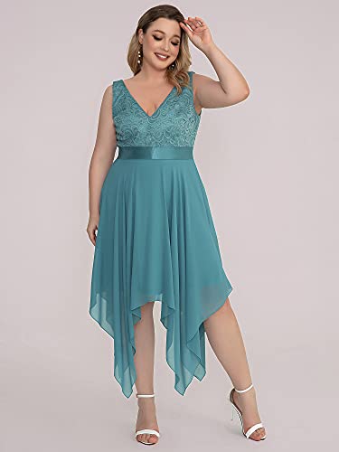 Image of Ever-Pretty Plus Women's V Neck Sleeveless Asymmetric Hem Lace Chiffon Short Summer Plus Size Wedding Guest Dresses