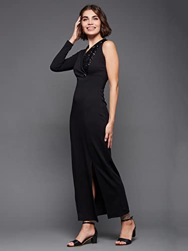 Image of Miss Chase Women's Round Neck Sleeve Embellished Fit Flare Maxi Dress