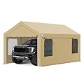 Carport, 10 x 20 FT Portable Garage Heavy Duty, Carport Canopy with Side-Opening Door & Roll-Up Windows, Car Canopy Reinforced with Extended Skirt and All Season Tarp for Car, Truck, Boat, Party?Tan?