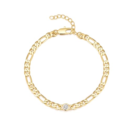 14K Gold Plated Figaro Bracelets for Women Adjustable 7.5 Inches with 1.38 Inche Extender Link Chain Bracelet Cubic Zirconia Jewelry Trendy for Women Men