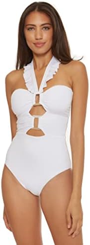 Soluna Swim Buckle Up - Women's One Piece Bandeau Swimsuit with Cut-Out Neckline, Two-Tone Bamboo Buckles, Removable Cups and Adjustable Straps, Bathing Suits for Women, White, Medium
