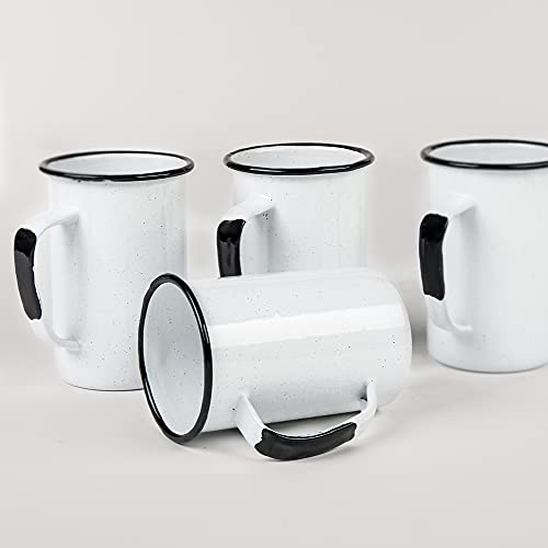 Cinsa 20 Oz Enameled Steel Mug (Set of 6) - Large Durable Mugs for Indoor/Outdoor Use, Oven and Fire-Safe, Reusable & Stackable, Dishwasher Safe Coffee and Tea Mugs (Speckled White)