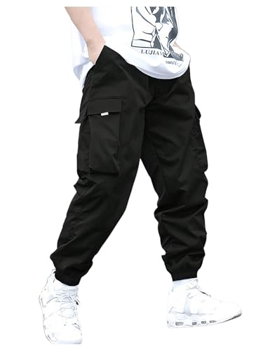 OYOANGLE Boy's Cargo Pants Flap Pocket Drawstring Waist Casual Jogger Pants Athletic Hiking Trousers