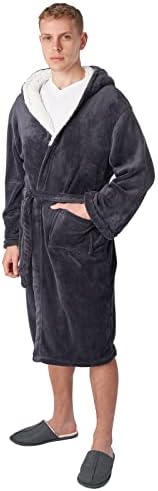 Sienna Long Dressing Gown with Hood for Women Men Ladies Girls Fluffy Sherpa Lined Luxury Super Soft Flannel Fleece Comfy Hoodie Cosy Bathrobe - Charcoal Grey