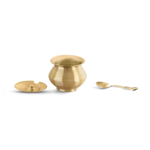 Image of ExclusiveLane 'Gleeming Ghee' Brass Ghee Pot With Spoon (100% Pure Brass, Hand-Etched, 380 ml) | Ghee Storage Jars for Kitchen Gheee Pot with Lid Gheee Dabba Dani