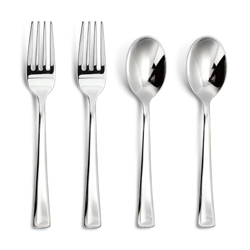 N9R 200PCS Silver Plastic Silverware, Heavy Duty Disposable Cutlery Set for Parties, Disposable Plastic Spoons and Forks Includes 100 Silver Spoons and 100 Forks for Weddings, Birthday, Dinner