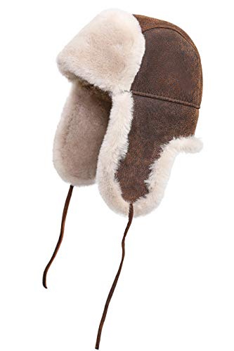 Image of Leather Aviator Shearling Ushanka Trapper Hat Russian Sheepskin Cap Real Fur Winter Hat with Ear Flaps for Men Women