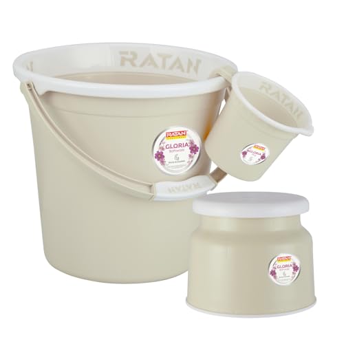 Image of RATAN PLASTICWARE Plastic Bathroom Set of 3 Pieces Combo Pack Gloria Plain 18 Liters Bucket + Nova Stool Patla 107 + Gloria Plain Bath Mug 1 Liter Color Twist Beige