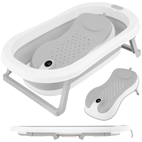 ALMAR Baby Bañera Plegable Bebé hasta 24 meses Gris con Termómetro en Asiento Reductor para Recien Nacido con Patas Antideslizante Indicador de Temperatura Compacta