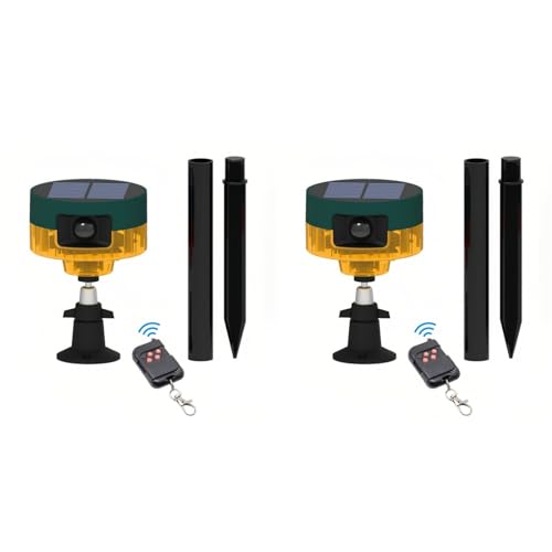 Lancoon 2 Pack Solar Motion Sensor Alarm Outdoor 360°Motion Detector Sensor Loud Siren LED Flashing Light IP55 Waterproof with Remote High Volume Voice Recording for Farm Home Barn Yard