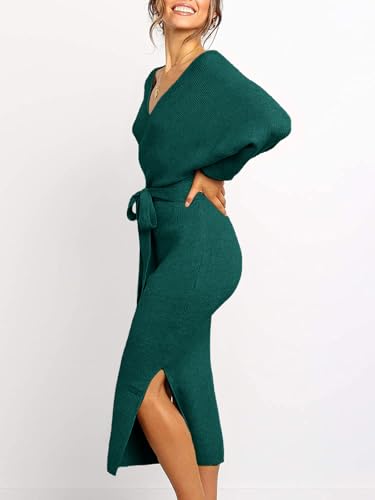 Image of Chang Yun Women's Long Maxi Sweater Dresses Sexy Wrap Batwing V Neck Slit Open Back Holiday Bodycon Dress with Belt