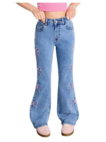 Floerns Girl's Cute Bowknot Jean Pants Embroidery Flared Leg Y2k Denim Pants
