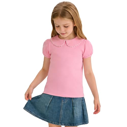 Image of 12M-14Y Toddler Baby Girls Peter Pan Collar Blouse Kids Girl Solid Color Puff Sleeve T-Shirts Casual Tee Tops