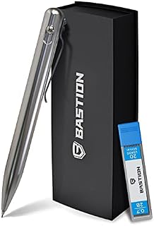 BASTION Luxury Mechanical Pencil - Cool Stainless Steel Bolt Action Pencil with Medium Point Refillable Leads & Gift Case for Architecture, Drawing, Sketching, Writing - with 20 x 0.7mm Lead Refills