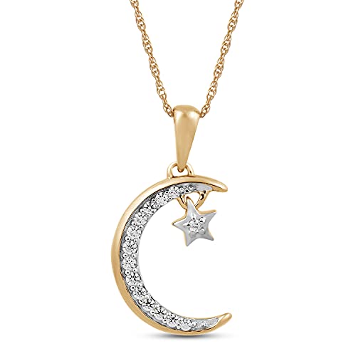 Jewelili 10K Yellow Gold Moon Star Pendant Necklace for Women | 1/10 CTTW Natural White Round Diamonds | 18