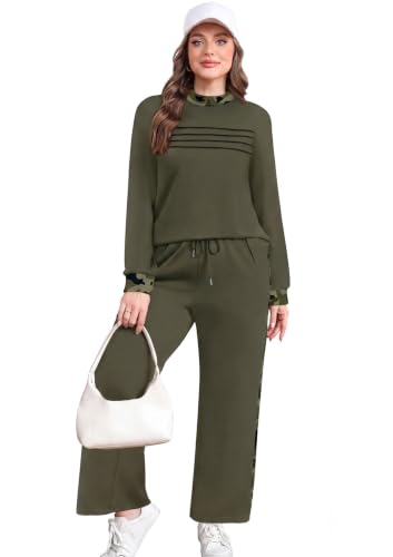 Image of WIHOLL Two Piece Sets for Women Fall Travel Vacation Outfits 2026 Long Sleeve Lounge Sets Side Slit Wide Leg Pants XS-3XL