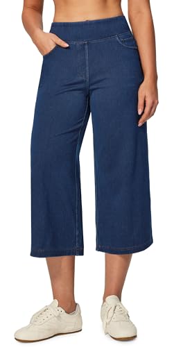 Heathyoga Capri Jeans for Women Stretchy High Waisted Denim Capris for Women Pull On Cropped Jeans Wide Leg Capri Pants Dark Blue Large