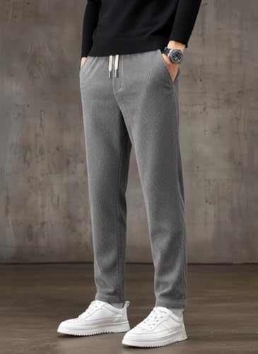 Image of SMOWKLY Men's Ribbed Casual Trousers | Cotton Blend Drawstring Elastic Waist Pants for Men | Comfortable Breathable Lounge Pants | Relaxed Fit Stylish Summer Bottom Wear for Men
