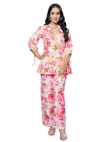 GRECIILOOKS Rayon Floral Regular Fit Stylish Kurta Ethnic for Women | 3/4 Sleeve Co-ord Set (GL-W1938&TR960_Pink_L)