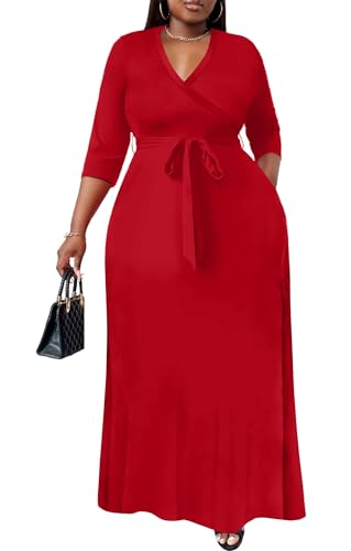 Image of Nmoder Plus Size Maxi Dress for Women - Summer Casual 3 /4 Sleeve Floral Flowy Long Dress with Belt XL- 6XL