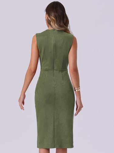 Image of Allegra K Faux Suede Dresses for Women's Sleeveless Crewneck Split Hem Work Office Sheath Dress