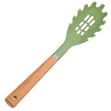 Adorainbow Cucchiaio per Spaghetti Manico in Legno, Utensile da Cucina in Silicone e Acciaio Inox, Cucchiaio per Servire la Pasta per Padelle Antiaderenti, Utensile per Colore Casuale