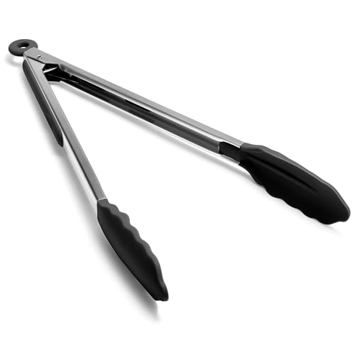 Doosu Grillzange Küchenzange Edelstahl Silikonspitzen, 315℃ Hitzebeständige Silikon Kochzange mit glatter Verriegelung, Rostfreier Langgriff für Heißluftfritteuse, Grill, Nudeln, Salat (30cm，Schwarz)