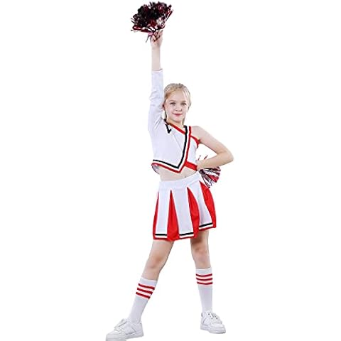 Girls White Cheerleader Costume, Cheer Team Outfit with Pompoms, Halloween Carnival Child Cheerleadering Dress Up(10-11 Yrs, White,Tag 150) Cover