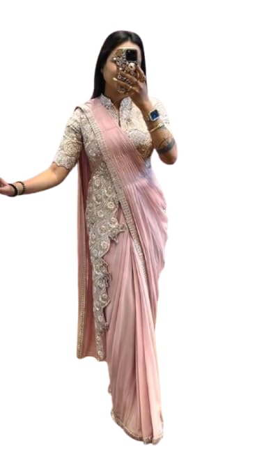 Lehenga Choli Indo-Western Draped Set For Womens And Girls Embroidery cording work ready to wear saree with full koti Wedding Onion Colour New Letest Wedding-image-42