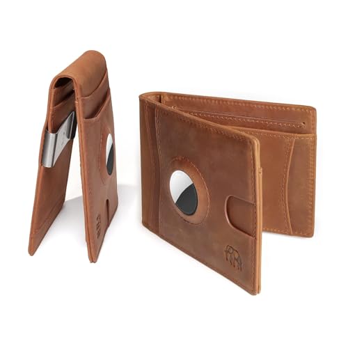 AirTag Wallet | Mens Wallet with AirTag Holder | RFID Blocking Wallet with Robust Removable Money Clip | Durable Premium Leather | Minimalist Card Holder Design | Gifts for Men (Light Brown)