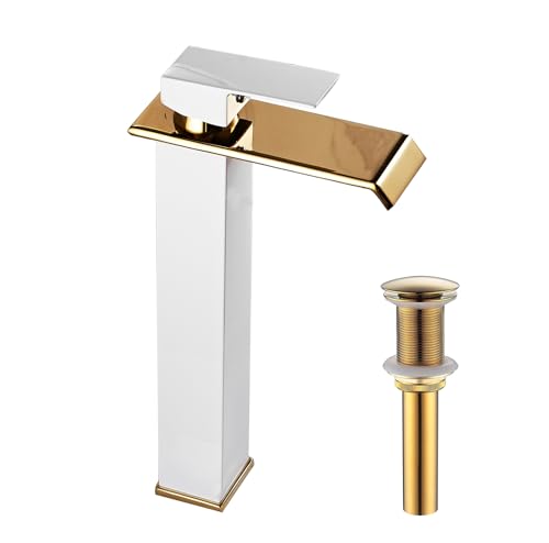 White Gold Faucet Bathroom Vessel Sink Golden Waterfall Spout Faucet