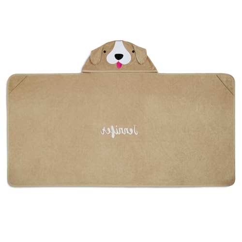 Image of Delta Children Personalized Kids Hooded Bath Towel with Pockets - Super Soft and Absorbent- Great Gift for Boys and Girls, Tan Dog