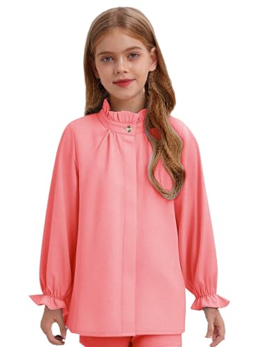 Kids Girls Solid Color Ruffle Trim Blouses Long Puff Sleeve Cuff Shirts Button Down Pullover Tops for 5-14 Years