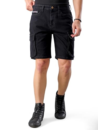 Image of The Indian Garage Co Men Relaxed Fit Solid Mid-Rise Denim Cargo Shorts