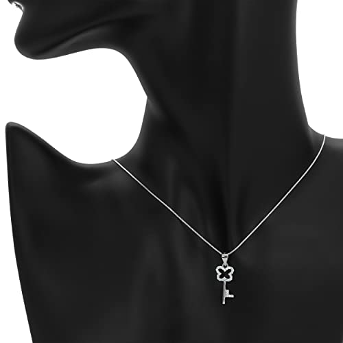Sterling Silver 925 Floral Key Necklace Delicate Key Charm Necklace With Cubic Zirconia Stones Key Drop Pendant With 18" Italian Box Chain For Women & Girls #TOP1